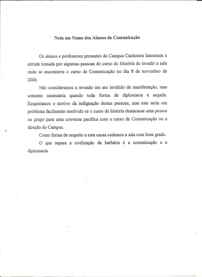 Nota em nome dos alunos de Comunicação