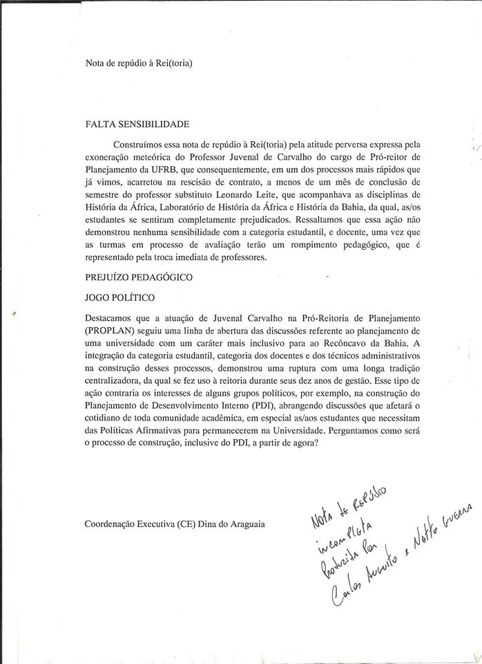 Nota de repúdio à Reitoria