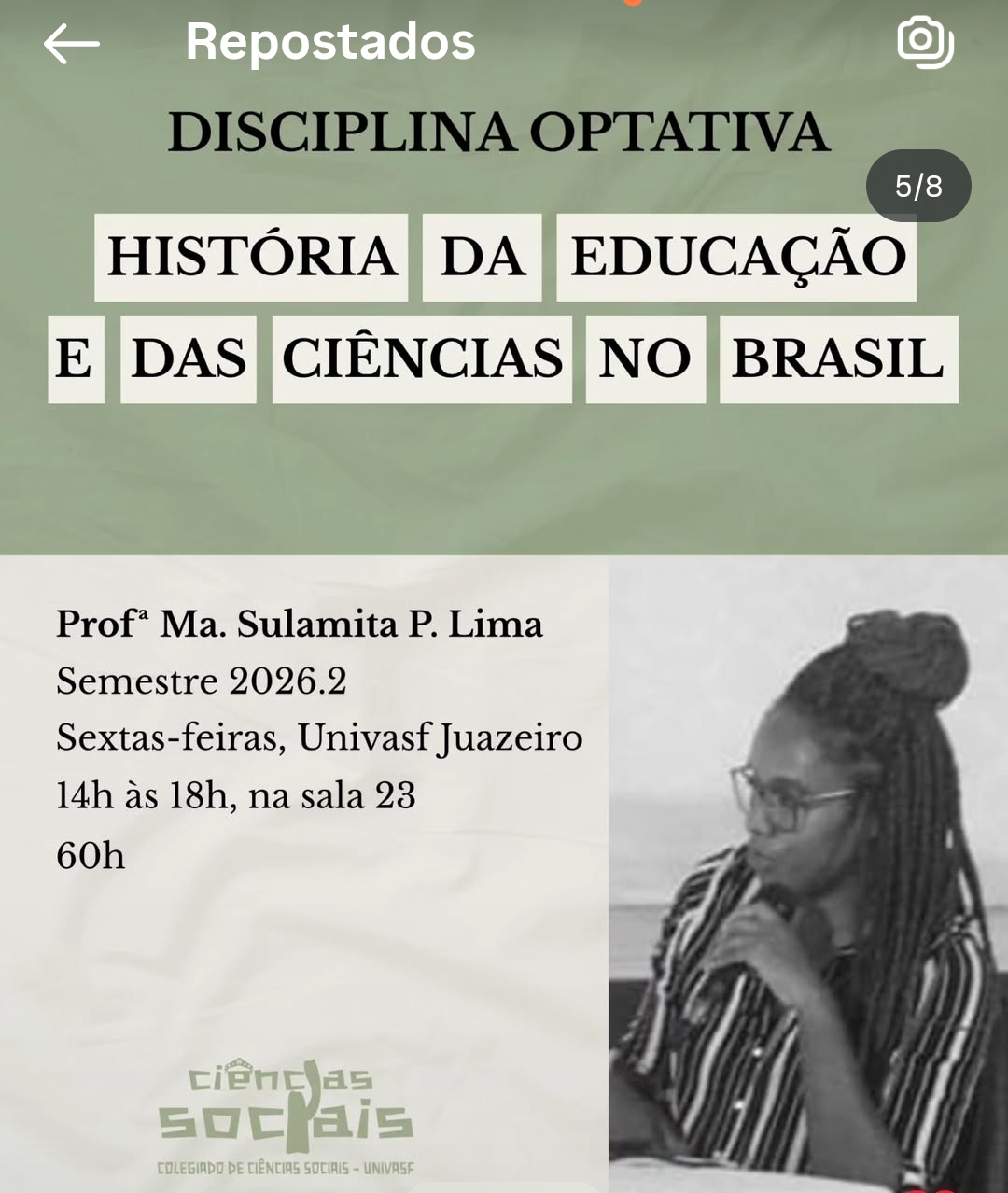 Divulgação de disciplina ministrada por Sulamita Pinto na UNIVASF em 2026